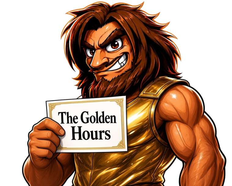 Gouden caveman met bordje The Golden Hours